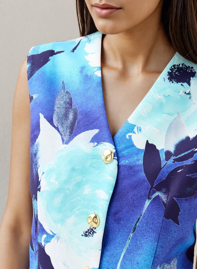 Iconic Floral Print Button-Down Sleeveless Waistcoat - Image 4